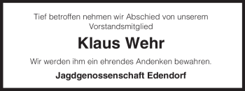 Traueranzeige von Klaus Wehr von ALLGEMEINE ZEITUNG UELZEN