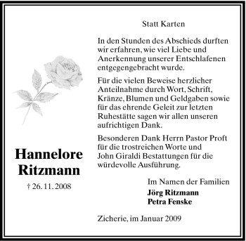 Traueranzeige von Hannelore Ritzmann von ALLGEMEINE ZEITUNG UELZEN