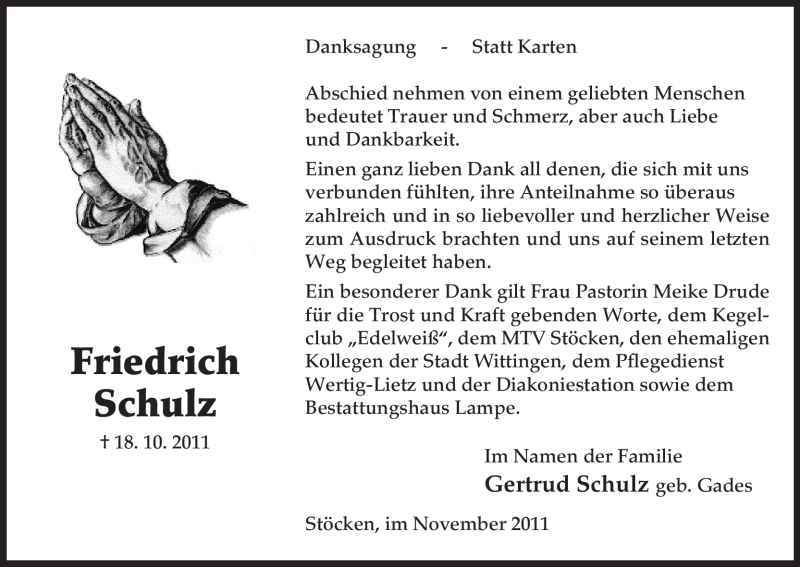  Traueranzeige für Friedrich Schulz vom 26.11.2011 aus ALLGEMEINE ZEITUNG UELZEN