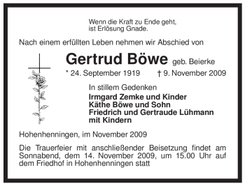 Traueranzeige von Gertrud Böwe von ALLGEMEINE ZEITUNG UELZEN