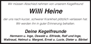 Traueranzeige von Willi Heine von ALLGEMEINE ZEITUNG UELZEN