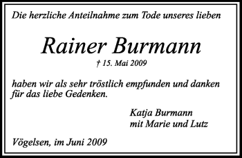 Traueranzeige von Rainer Burmann von ALLGEMEINE ZEITUNG UELZEN