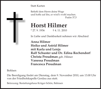 Traueranzeige von Horst Hilmer von ALLGEMEINE ZEITUNG UELZEN