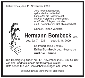 Traueranzeige von Hermann Bombeck sen. von ALLGEMEINE ZEITUNG UELZEN