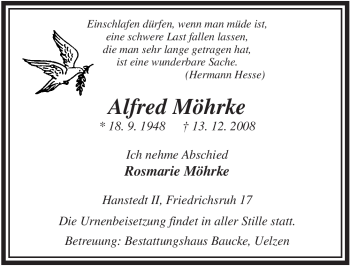 Traueranzeige von Alfred Möhrke von ALLGEMEINE ZEITUNG UELZEN