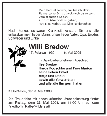 Traueranzeige von Willi Bredow von ALLGEMEINE ZEITUNG UELZEN