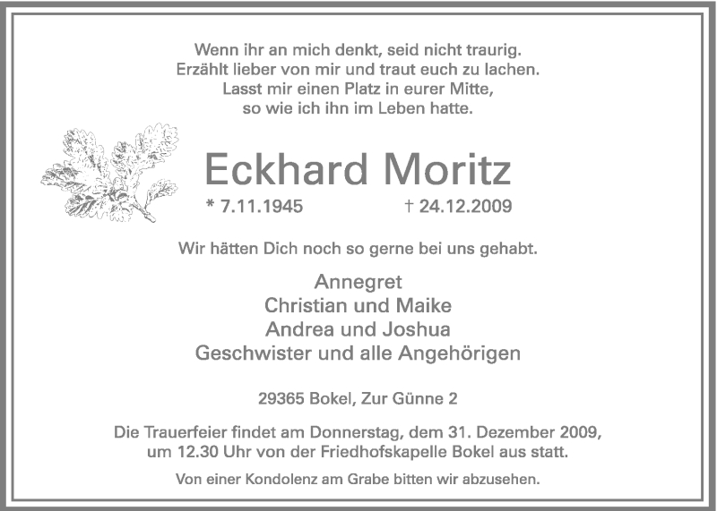  Traueranzeige für Eckhard Moritz vom 28.12.2009 aus ALLGEMEINE ZEITUNG UELZEN