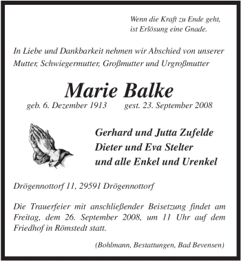 Traueranzeige von Marie Balke von ALLGEMEINE ZEITUNG UELZEN