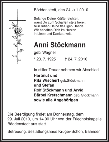 Traueranzeige von Anni Stöckmann von ALLGEMEINE ZEITUNG UELZEN