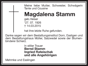 Traueranzeige von Magdalena Stamm von Uelzen