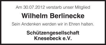Traueranzeige von Wilhelm Berlinecke von ALLGEMEINE ZEITUNG UELZEN