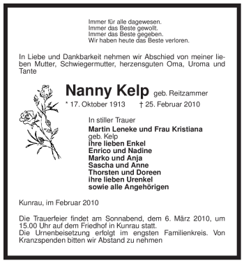 Traueranzeige von Nanny Kelp von ALLGEMEINE ZEITUNG UELZEN