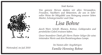 Traueranzeige von Lisa Bohne von ALLGEMEINE ZEITUNG UELZEN