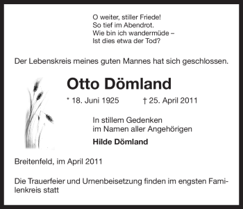 Traueranzeige von Otto Dömland von ALLGEMEINE ZEITUNG UELZEN