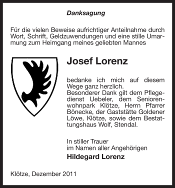 Traueranzeige von Josef Lorenz von ALLGEMEINE ZEITUNG UELZEN