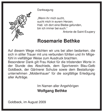 Traueranzeige von Rosemarie Bethke von ALLGEMEINE ZEITUNG UELZEN