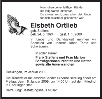 Traueranzeige von Elsbeth Ortlieb von ALLGEMEINE ZEITUNG UELZEN