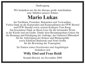 Traueranzeige von Mario Lukas von ALLGEMEINE ZEITUNG UELZEN