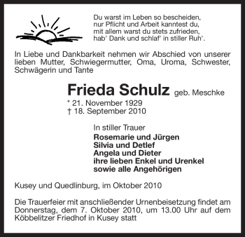 Traueranzeige von Frieda Schulz von ALLGEMEINE ZEITUNG UELZEN