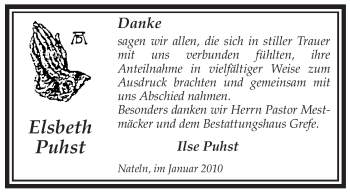 Traueranzeige von Elsbeth Puhst von ALLGEMEINE ZEITUNG UELZEN