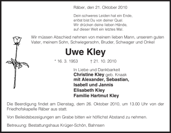 Traueranzeige von Uwe Kley von ALLGEMEINE ZEITUNG UELZEN