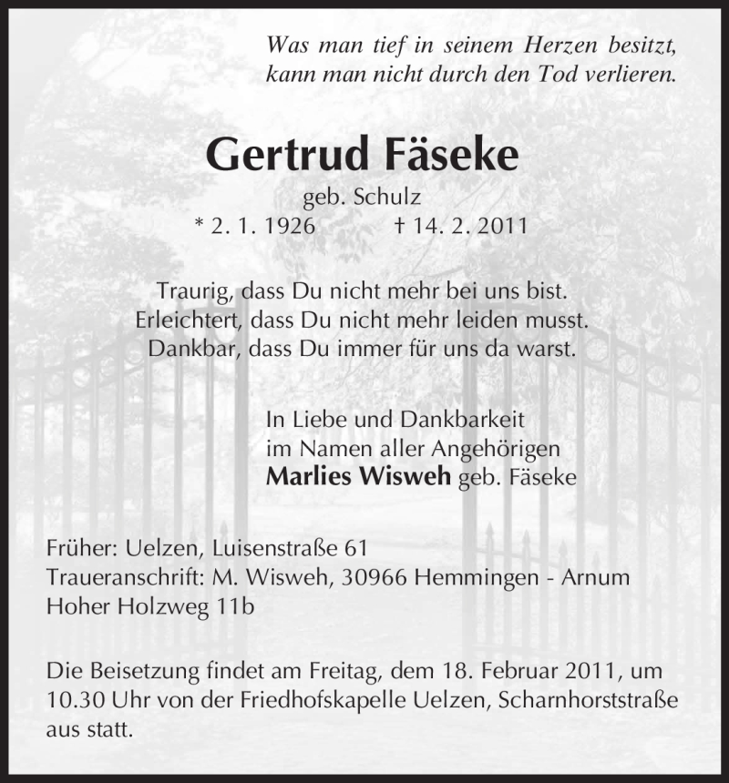  Traueranzeige für Gertrud Fäseke vom 16.02.2011 aus ALLGEMEINE ZEITUNG UELZEN