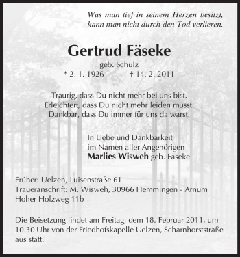 Traueranzeige von Gertrud Fäseke von ALLGEMEINE ZEITUNG UELZEN