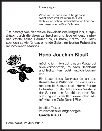 Traueranzeige von Hans-Joachim Klauß von ALLGEMEINE ZEITUNG UELZEN