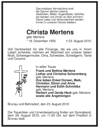 Traueranzeige von Christa Mertens von ALLGEMEINE ZEITUNG UELZEN