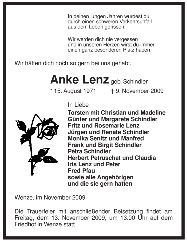  Traueranzeige für Anke Lenz vom 12.11.2009 aus ALLGEMEINE ZEITUNG UELZEN