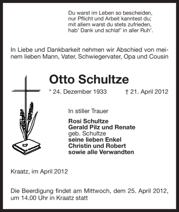 Traueranzeige von Otto Schultze von ALLGEMEINE ZEITUNG UELZEN