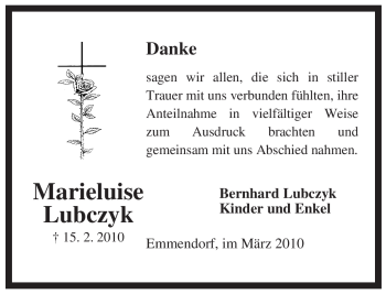 Traueranzeige von Marieluise Lubczyk von ALLGEMEINE ZEITUNG UELZEN