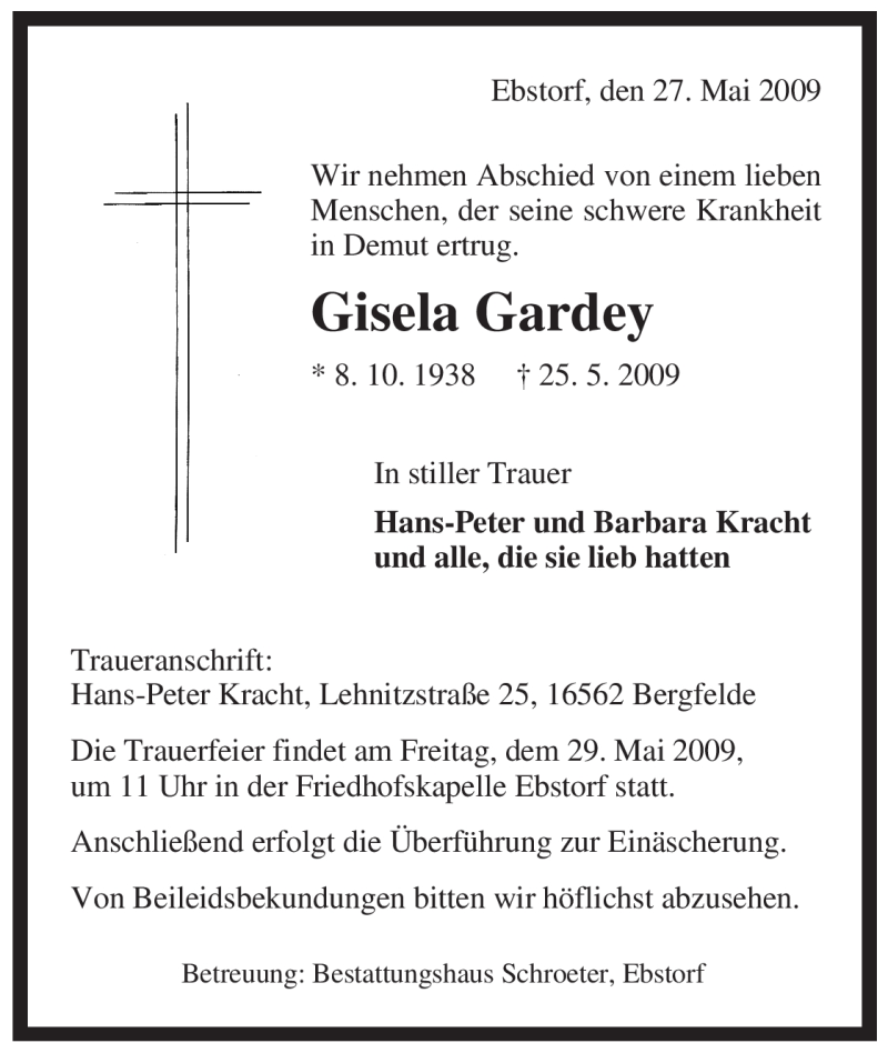  Traueranzeige für Gisela Gardey vom 27.05.2009 aus ALLGEMEINE ZEITUNG UELZEN