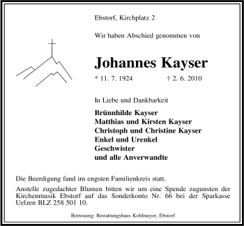 Traueranzeige von Johannes Kayser von ALLGEMEINE ZEITUNG UELZEN