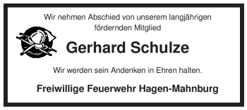 Traueranzeige von Gerhard Schulze von ALLGEMEINE ZEITUNG UELZEN