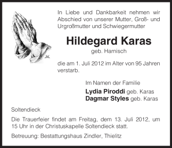 Traueranzeige von Hildegard Karas von ALLGEMEINE ZEITUNG UELZEN