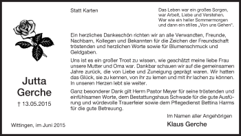 Traueranzeige von Jutta Gerche von Uelzen