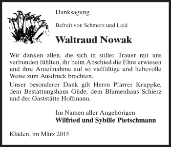 Traueranzeige von Waltraud Nowak von Uelzen