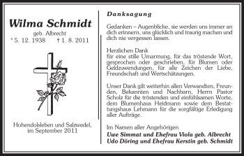 Traueranzeige von Wilma Schmidt von ALLGEMEINE ZEITUNG UELZEN