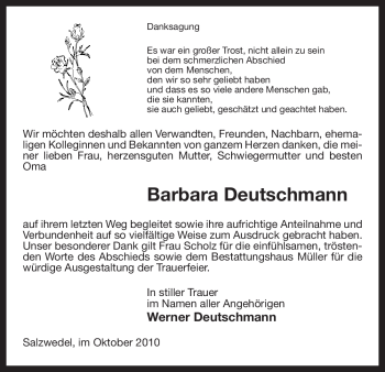 Traueranzeige von Barbara Deutschmann von ALLGEMEINE ZEITUNG UELZEN