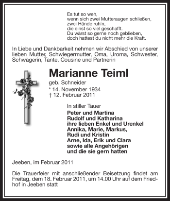 Traueranzeige von Marianne Teiml von ALLGEMEINE ZEITUNG UELZEN