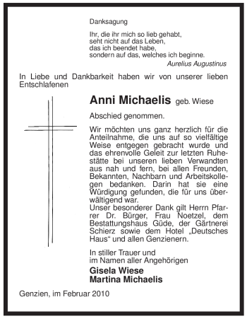 Traueranzeige von Anni Michaelis von ALLGEMEINE ZEITUNG UELZEN