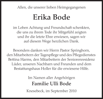 Traueranzeige von Erika Bode von ALLGEMEINE ZEITUNG UELZEN