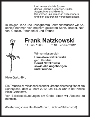 Traueranzeige von Frank Natzkowski von ALLGEMEINE ZEITUNG UELZEN