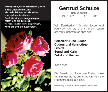 Traueranzeige von Gertrud Schulze von ALLGEMEINE ZEITUNG UELZEN