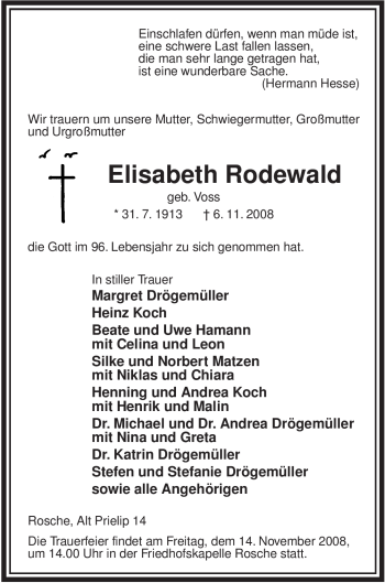 Traueranzeige von Elisabeth Rodewald von ALLGEMEINE ZEITUNG UELZEN