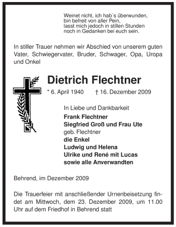 Traueranzeige von Dietrich Flechtner von ALLGEMEINE ZEITUNG UELZEN