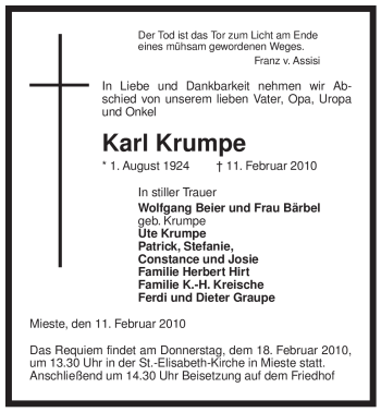 Traueranzeige von Karl Krumpe von ALLGEMEINE ZEITUNG UELZEN