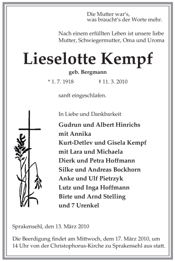 Traueranzeige von Lieselotte Kempf von ALLGEMEINE ZEITUNG UELZEN