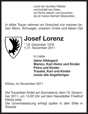 Traueranzeige von Josef Lorenz von ALLGEMEINE ZEITUNG UELZEN